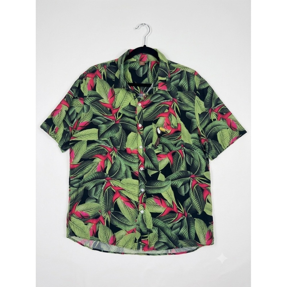 FARM Rio Tropical Green Leaf Print Shirt Toucan Pocket Viscose Men's L Resort